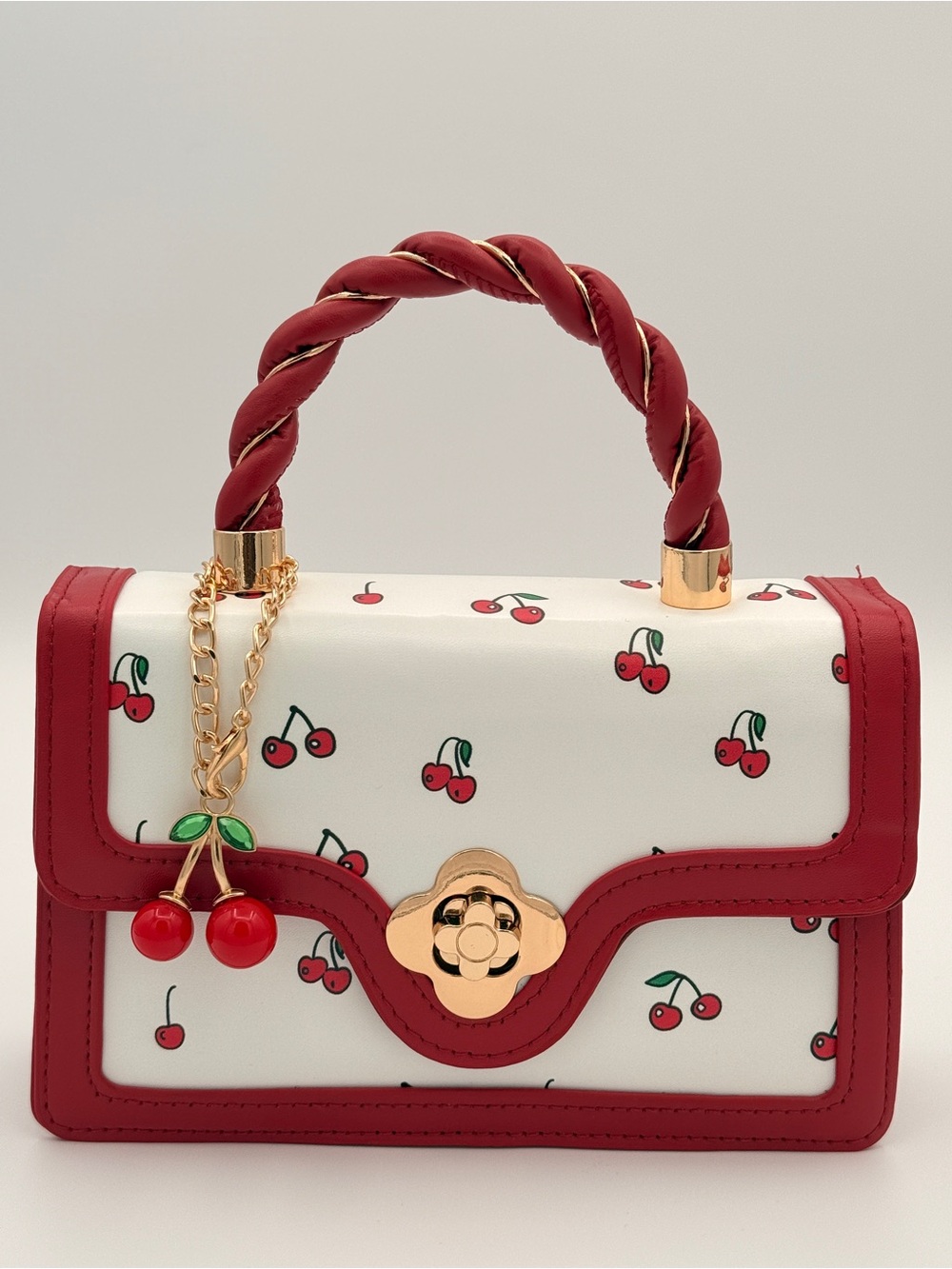 Cherry Print Mini Crossbody bag in Red and White Faux Leather with keychain NEW